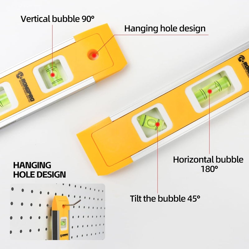 RONGPRO 9 Inch Torpedo Level, Magnetic Box Level with 45°/90°/180° Bubbles, Shock Resistant Bubble Level Tool for Measuring - 3 PCS - Image 3